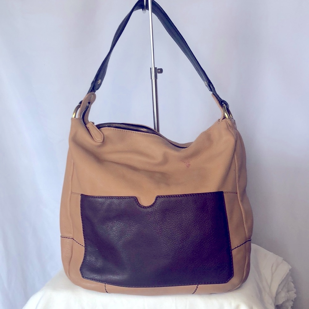 orYANY Adele brown  color block pebbled large leather shoulder handbag.